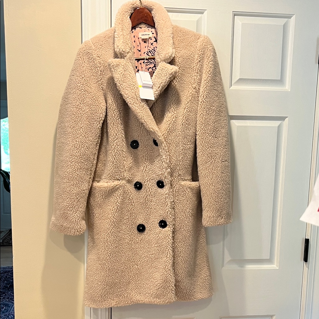 Nwt Zadig & Voltaire Tan Double-Breasted Faux Fur Coat